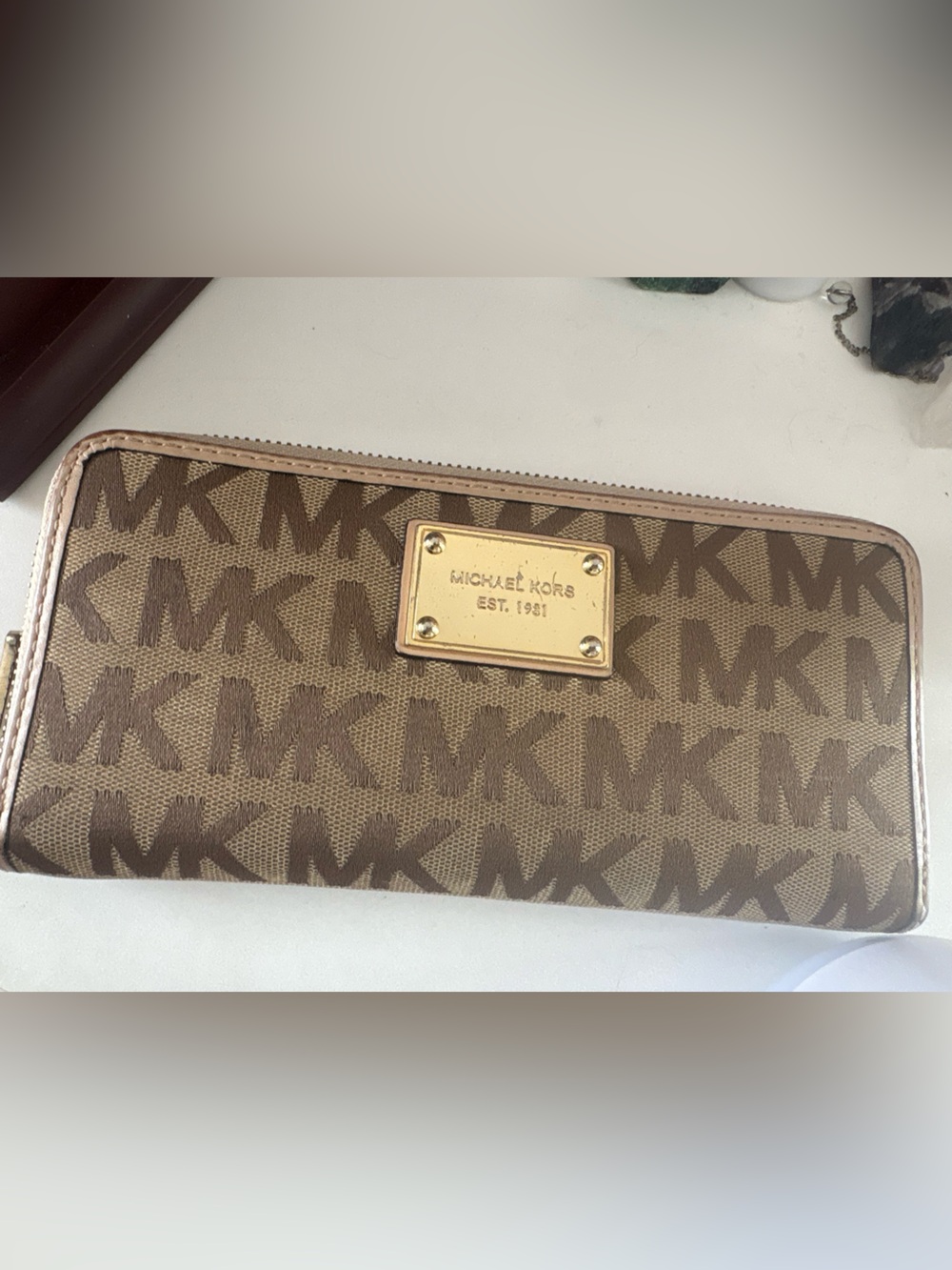 Michael Kors Brown and Tan MK Signature Zip-Around Wallet
